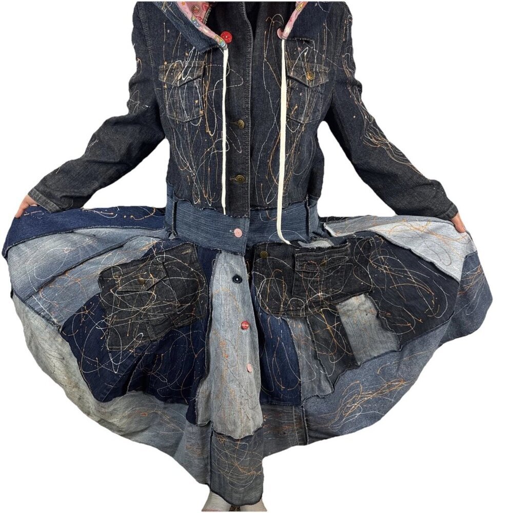 Upcycled Patchwork Denim Hooded Coat Womens M Reworked Paint Splatter OOAK - Picture 3 of 13
